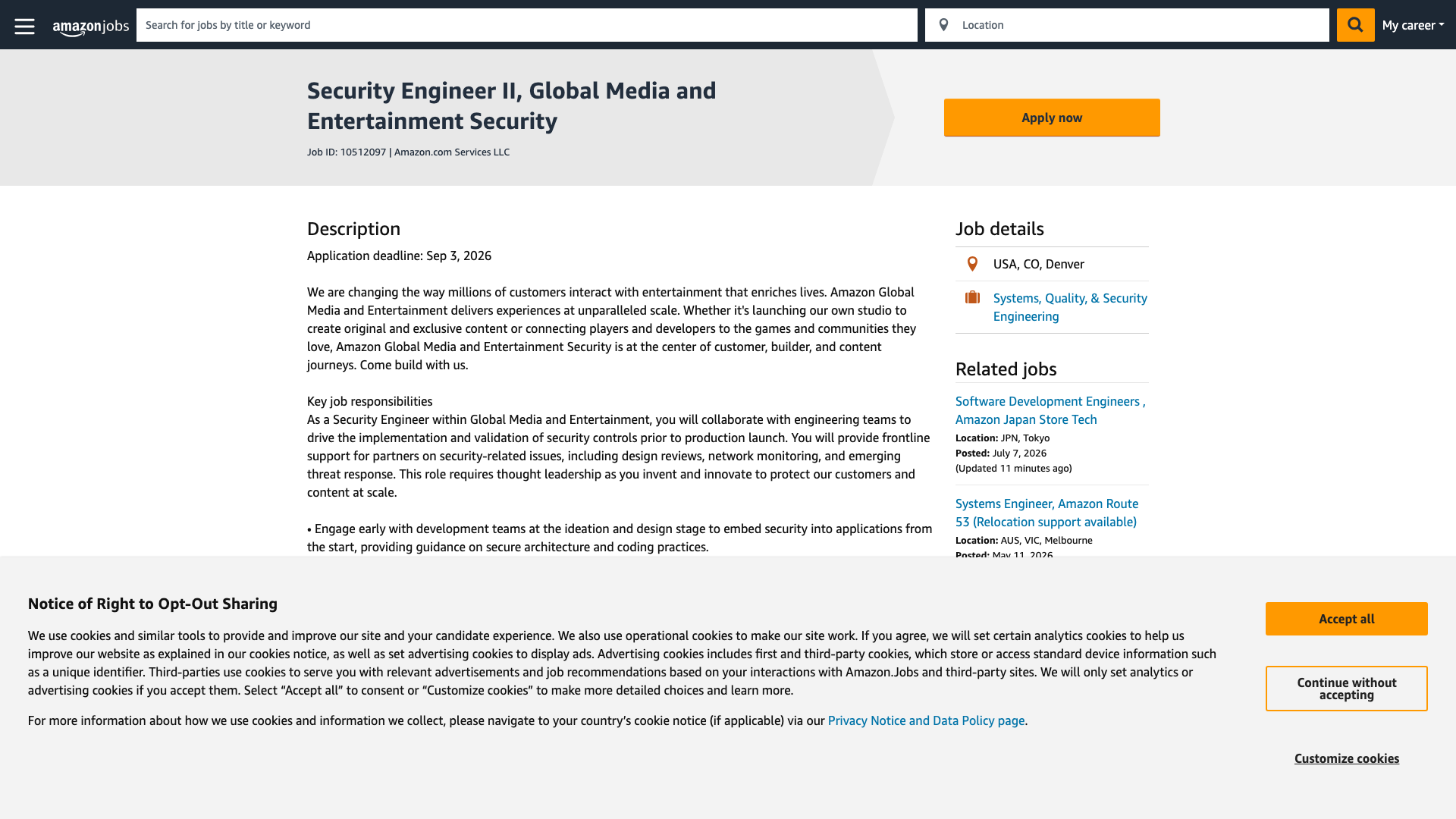 Screenshot of the Amazon Security Engineer II, Global Media and Entertainment Security job posting, captured 2026-09-01