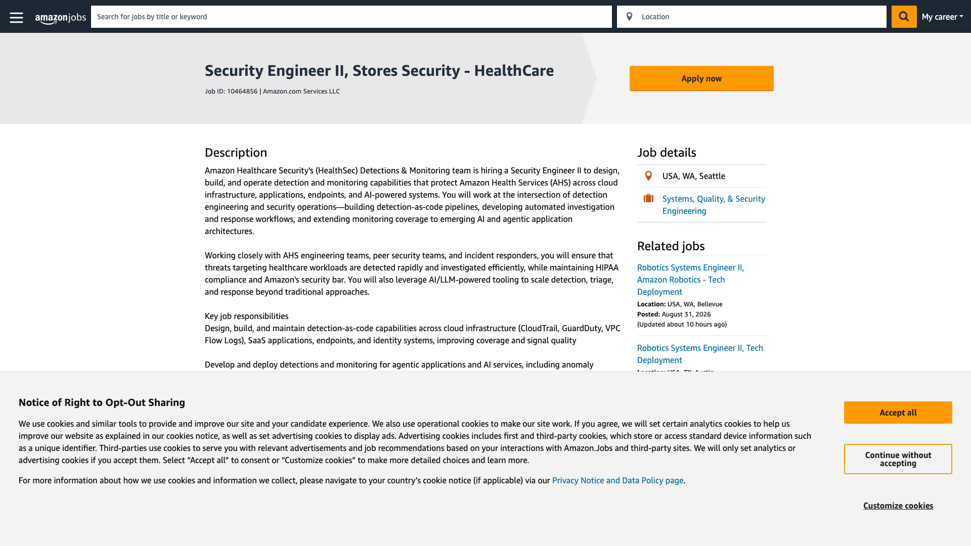 Screenshot of the Amazon Security Engineer II, Stores Security - HealthCare job posting, captured 2026-09-01