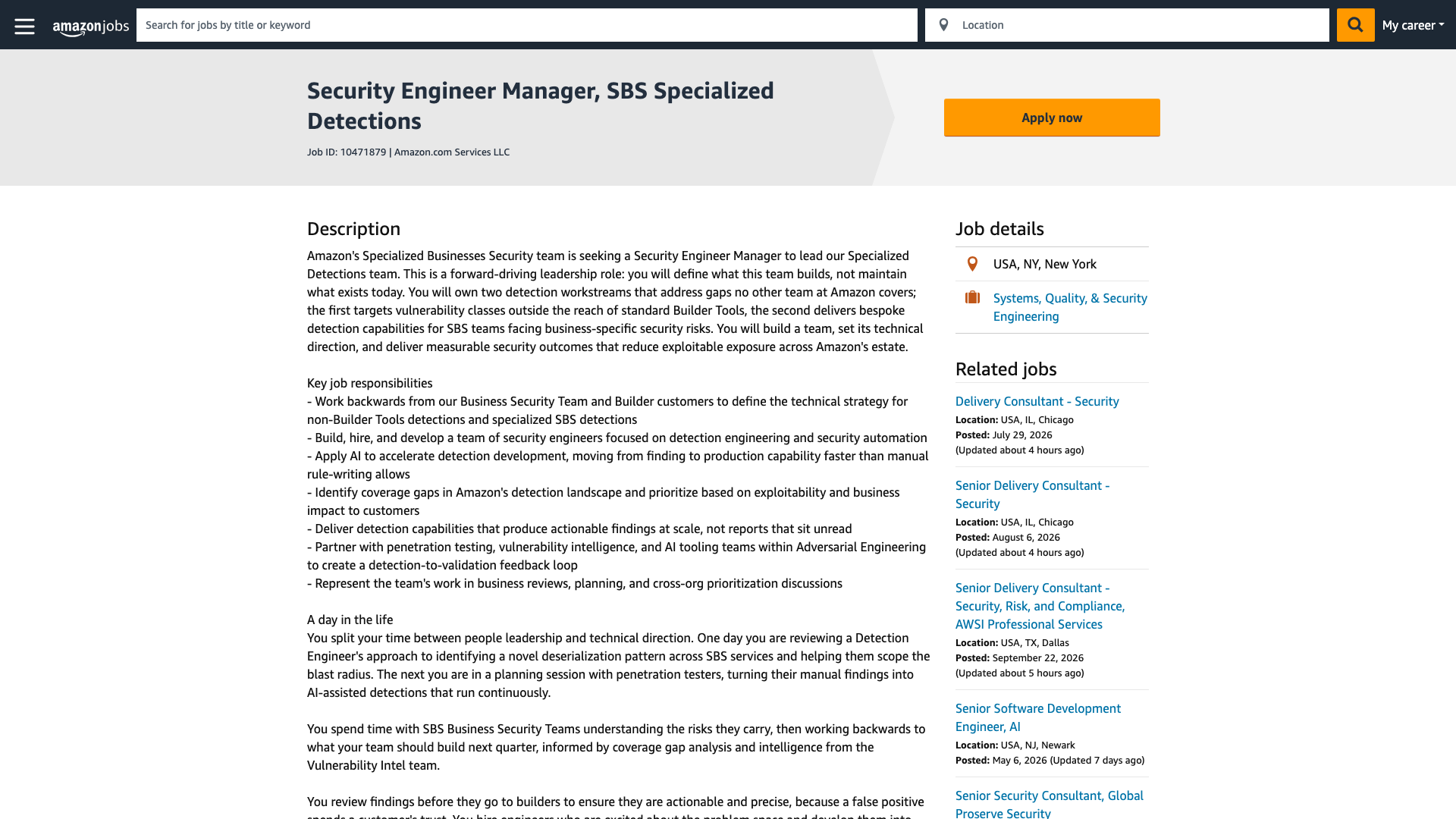 Screenshot of the Amazon Security Engineer Manager, SBS Specialized Detections job posting, captured 2026-10-22