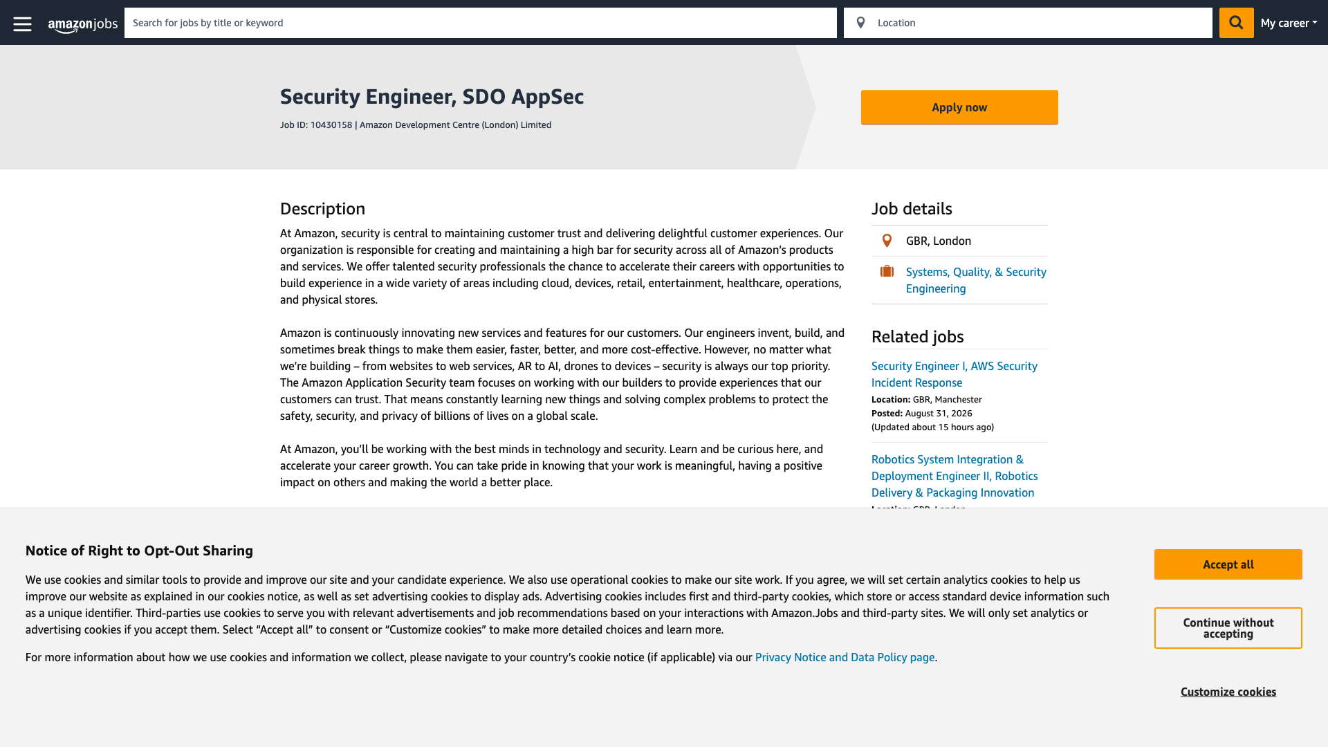 Screenshot of the Amazon Security Engineer, SDO AppSec job posting, captured 2026-09-01
