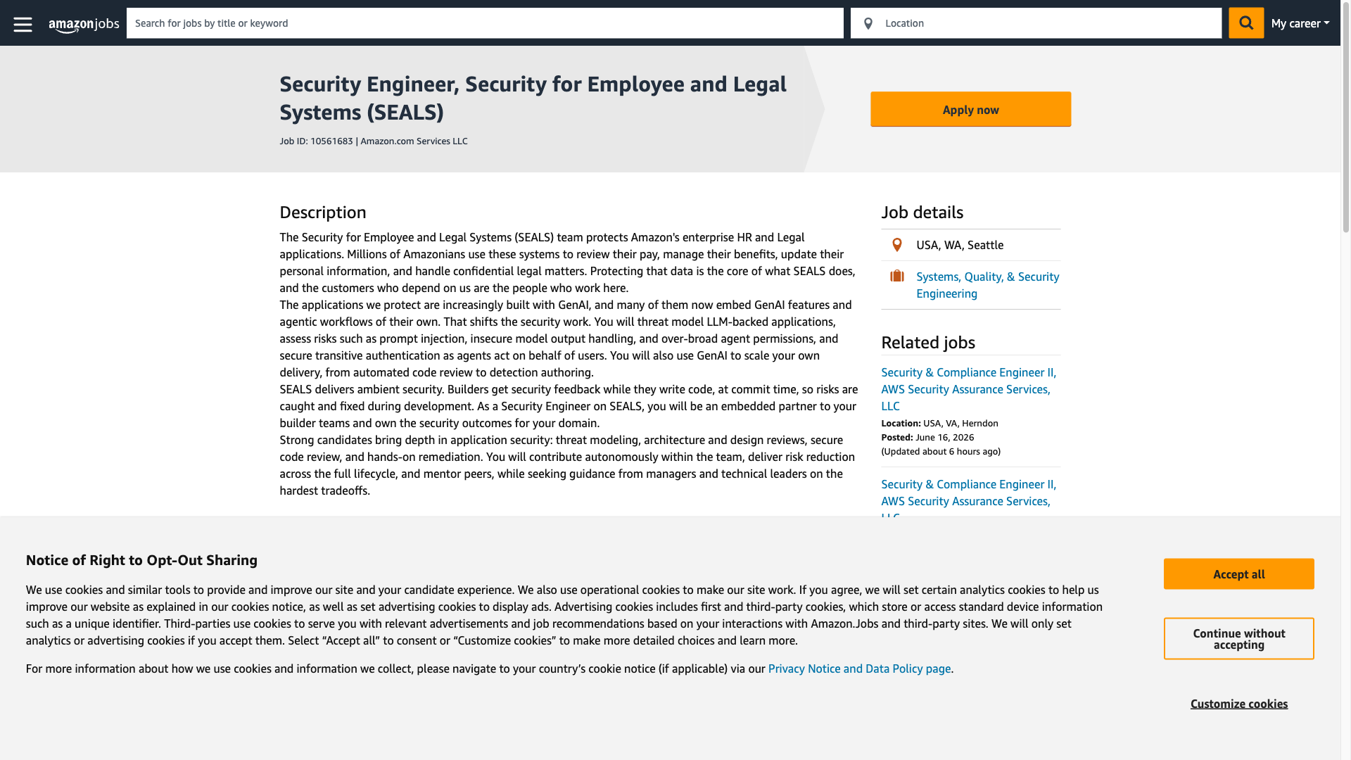 Screenshot of the Amazon Security Engineer, Security for Employee and Legal Systems (SEALS) job posting, captured 2026-10-01