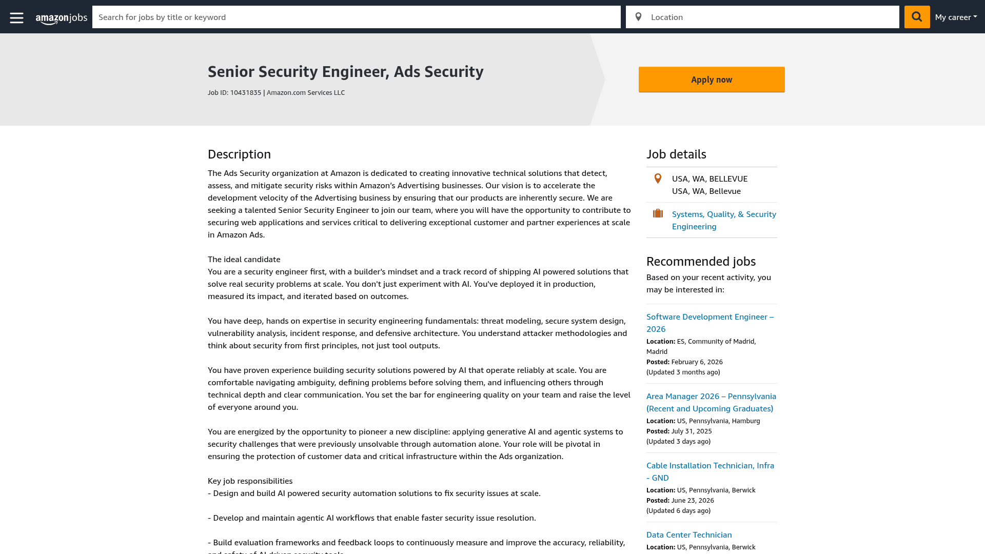 Screenshot of the Amazon Senior Security Engineer, Ads Security job posting, captured 2026-09-01