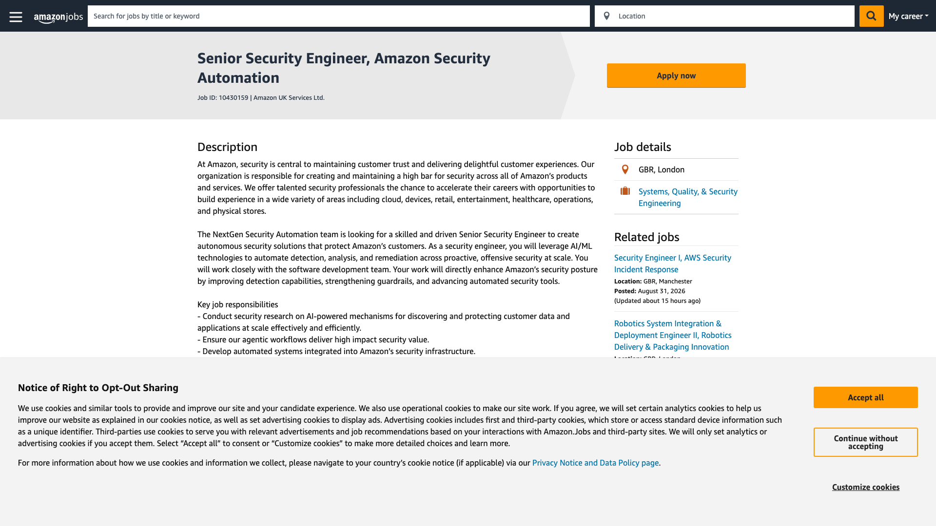 Screenshot of the Amazon Senior Security Engineer, Amazon Security Automation job posting, captured 2026-09-01