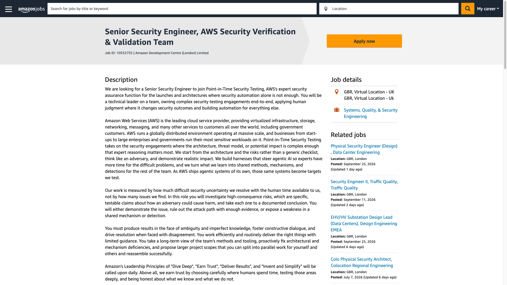 Screenshot of the Amazon Senior Security Engineer, AWS Security Verification & Validation Team job posting, captured 2026-10-01