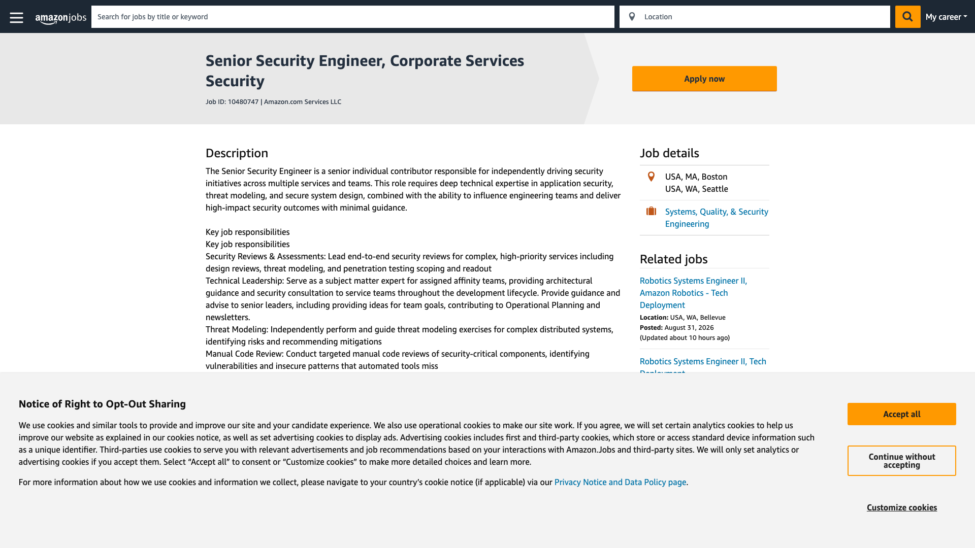 Screenshot of the Amazon Senior Security Engineer, Corporate Services Security job posting, captured 2026-09-01
