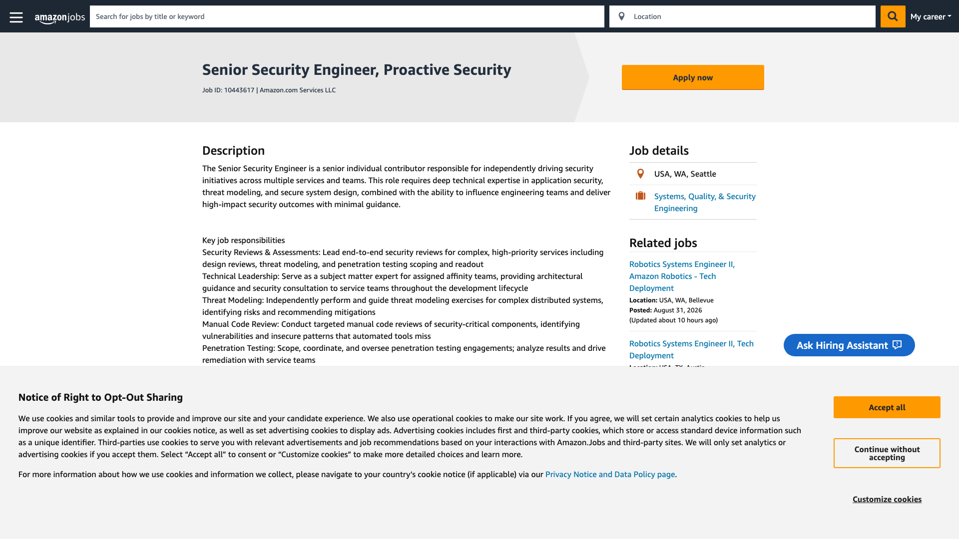 Screenshot of the Amazon Senior Security Engineer, Proactive Security job posting, captured 2026-09-01