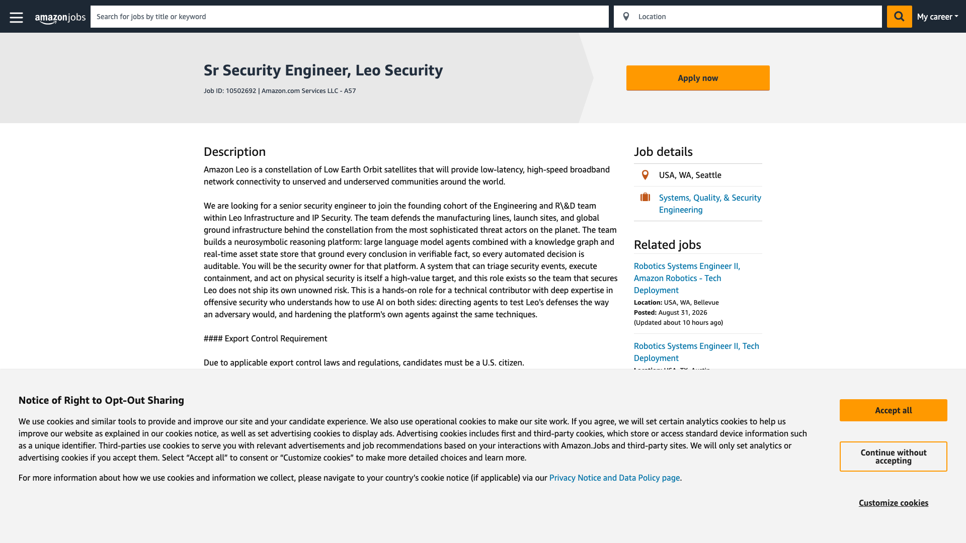 Screenshot of the Amazon Sr Security Engineer, Leo Security job posting, captured 2026-09-01