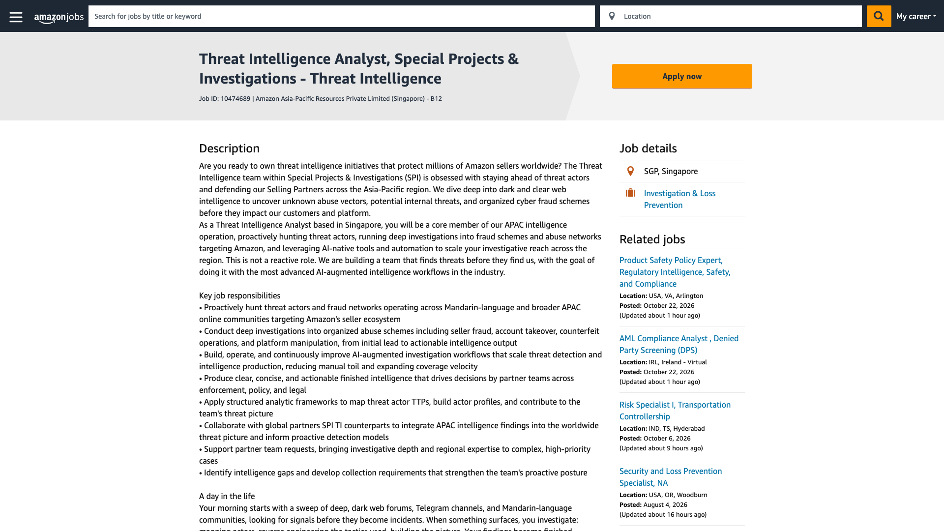 Screenshot of the Amazon Threat Intelligence Analyst, Special Projects & Investigations - Threat Intelligence job posting, captured 2026-10-22