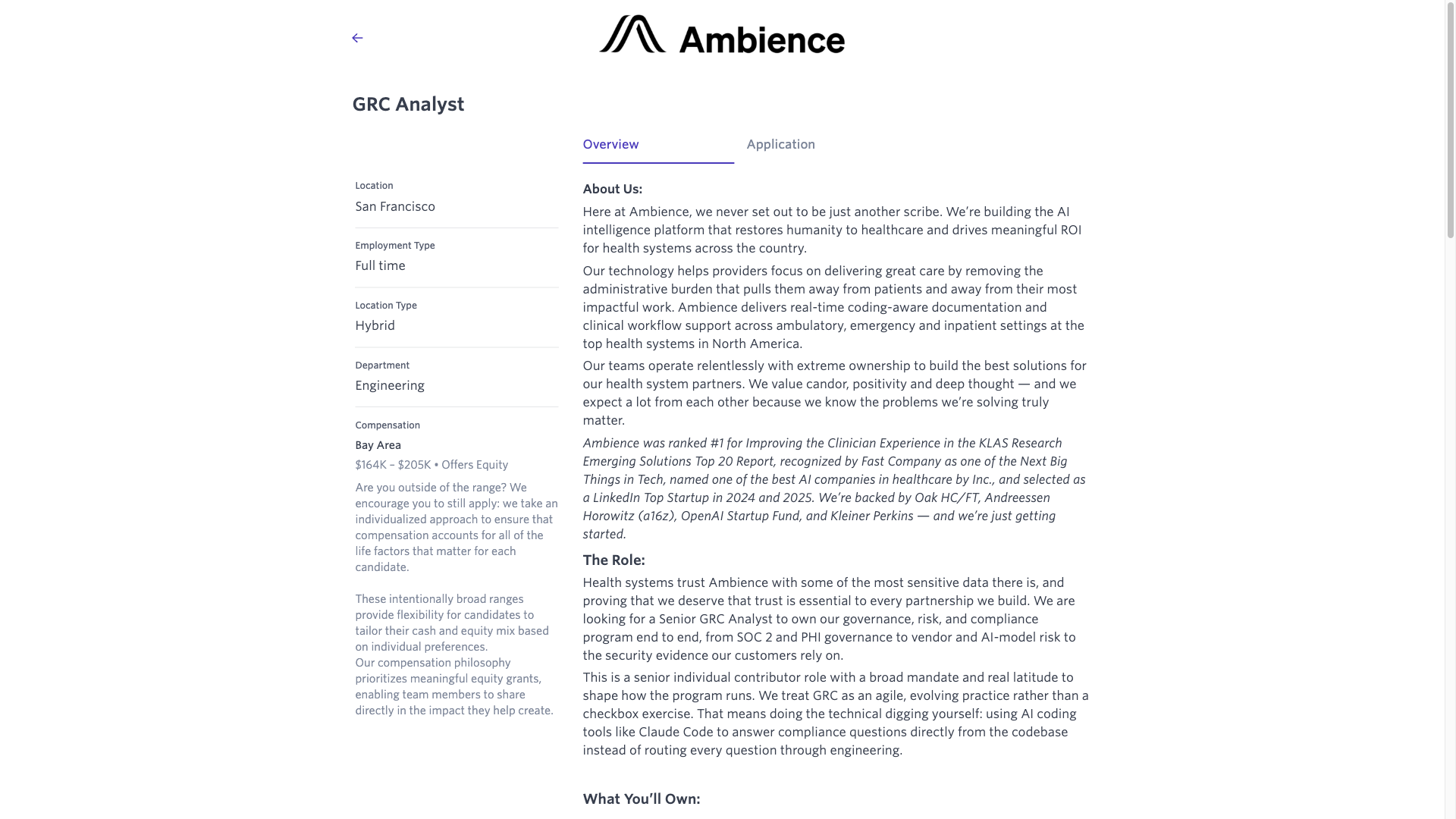 Screenshot of the Ambience Healthcare GRC Analyst job posting, captured 2026-10-08