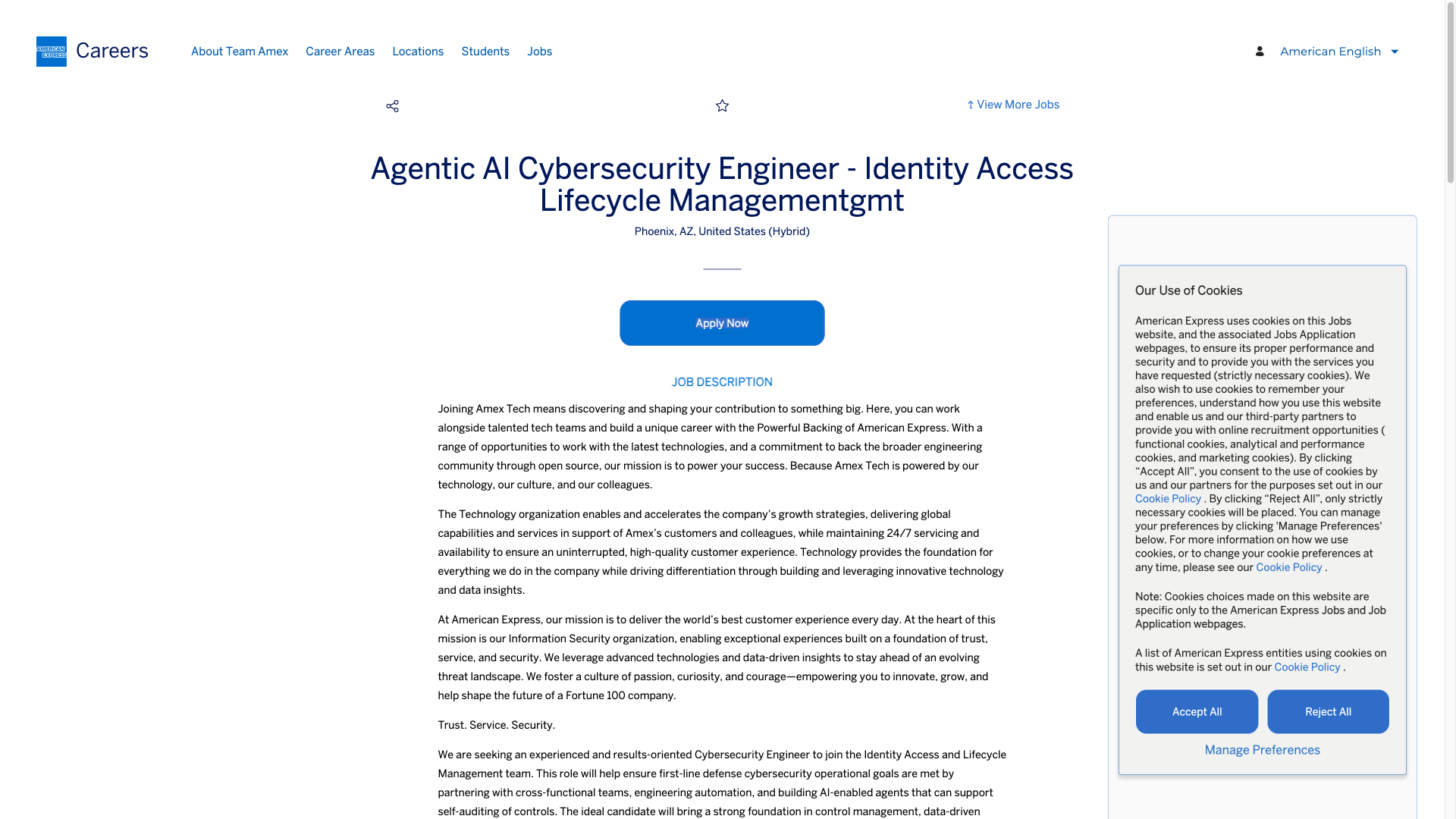 Screenshot of the American Express Agentic AI Cybersecurity Engineer - Identity Access Lifecycle Management job posting, captured 2026-09-29