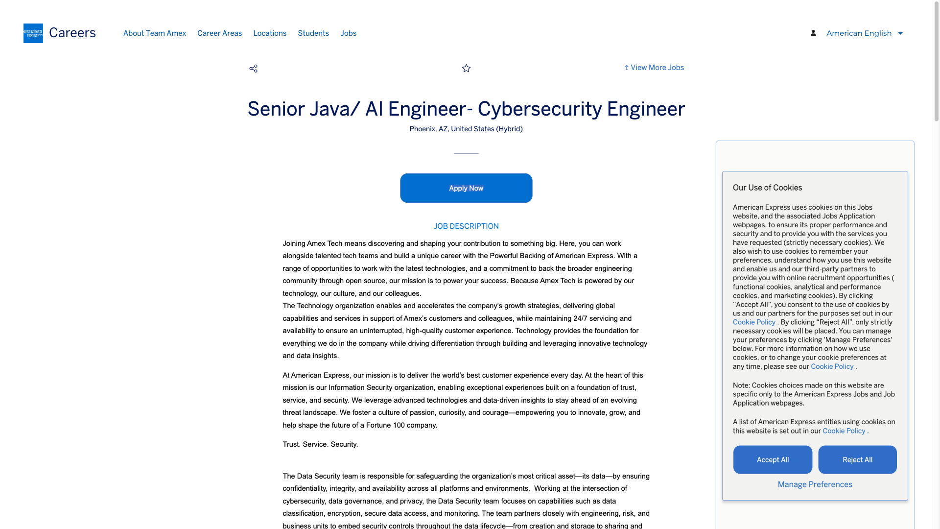 Screenshot of the American Express Senior Java/ AI Engineer- Cybersecurity Engineer job posting, captured 2026-10-08