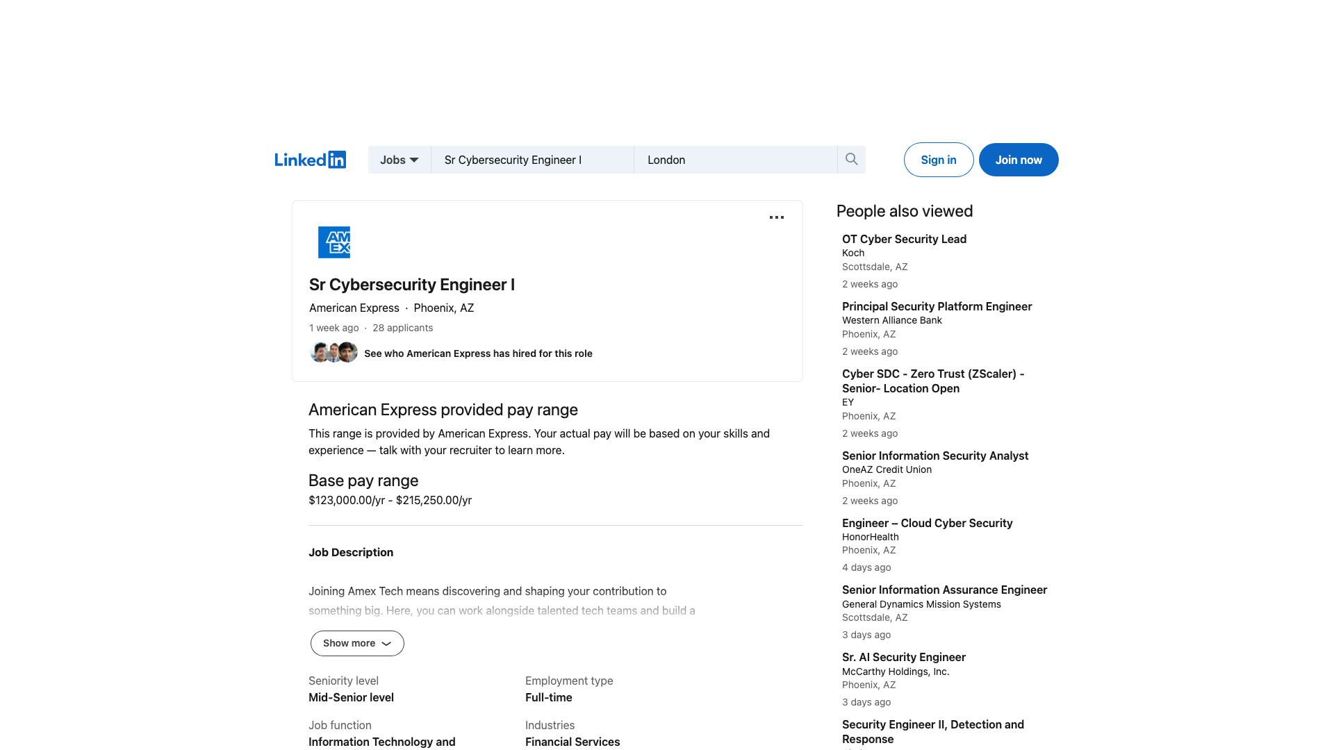 Screenshot of the American Express Sr Cybersecurity Engineer I job posting, captured 2026-08-31