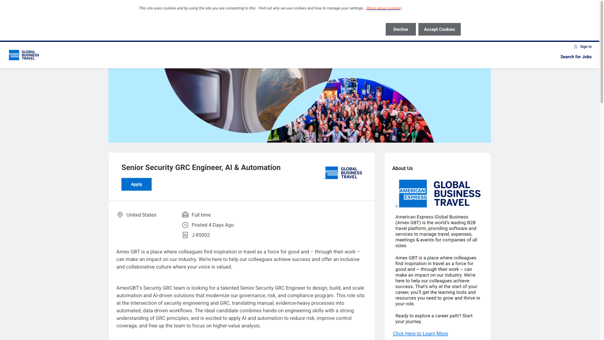 Screenshot of the American Express Global Business Travel Senior Security GRC Engineer, AI & Automation job posting, captured 2026-09-29