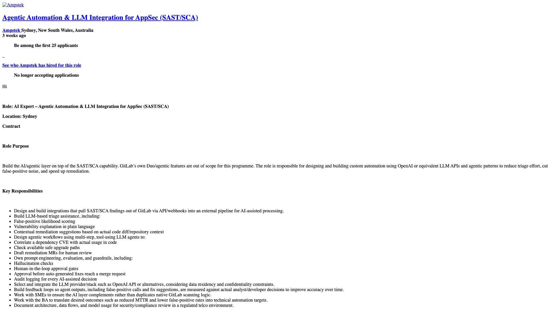 Screenshot of the Ampstek Agentic Automation & LLM Integration for AppSec (SAST/SCA) job posting, captured 2026-10-22