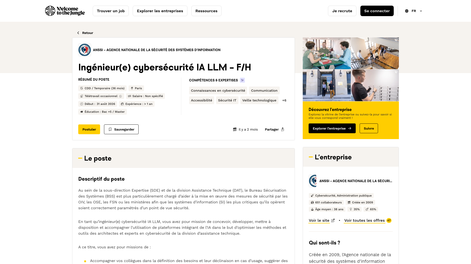 Screenshot of the ANSSI Ingénieur(e) cybersécurité IA LLM – F/H (CDD 36 mois) job posting, captured 2026-09-05