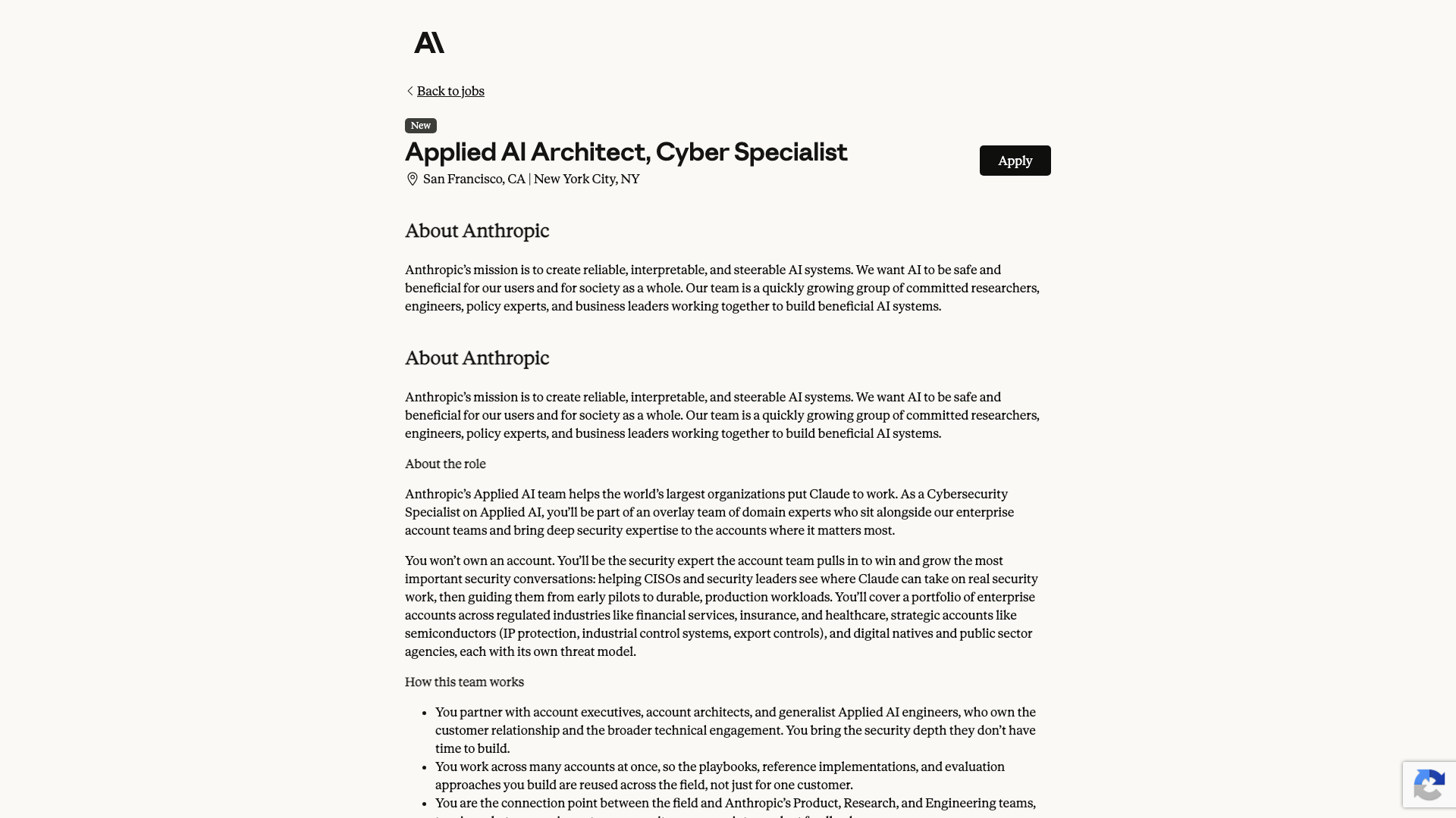 Screenshot of the Anthropic Applied AI Architect, Cyber Specialist job posting, captured 2026-10-22