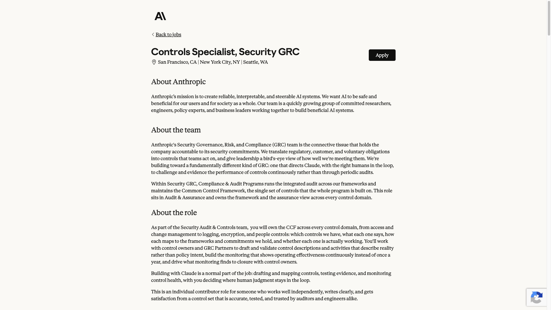 Screenshot of the Anthropic Controls Specialist, Security GRC job posting, captured 2026-10-08