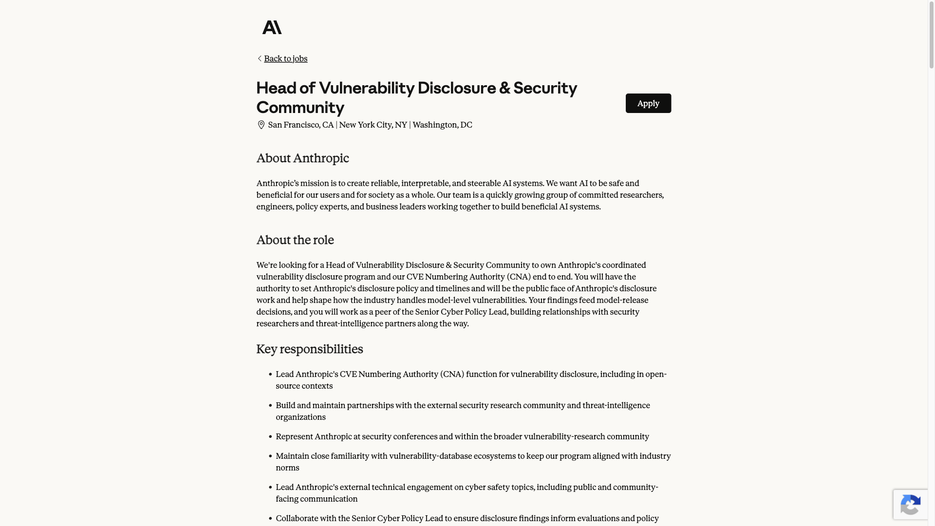 Screenshot of the Anthropic Head of Vulnerability Disclosure & Security Community job posting, captured 2026-09-23