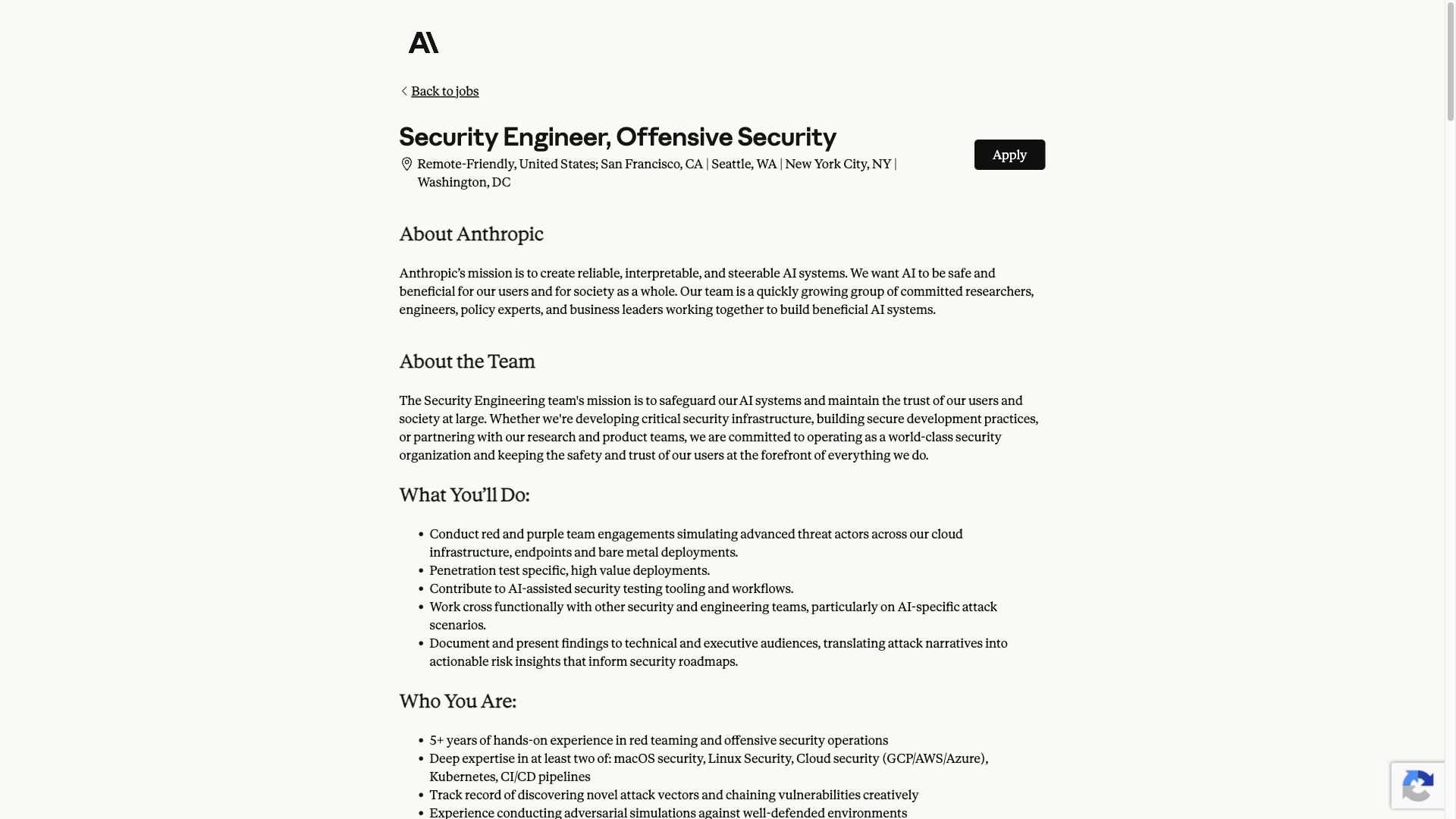 Screenshot of the Anthropic Security Engineer, Offensive Security job posting, captured 2026-09-23