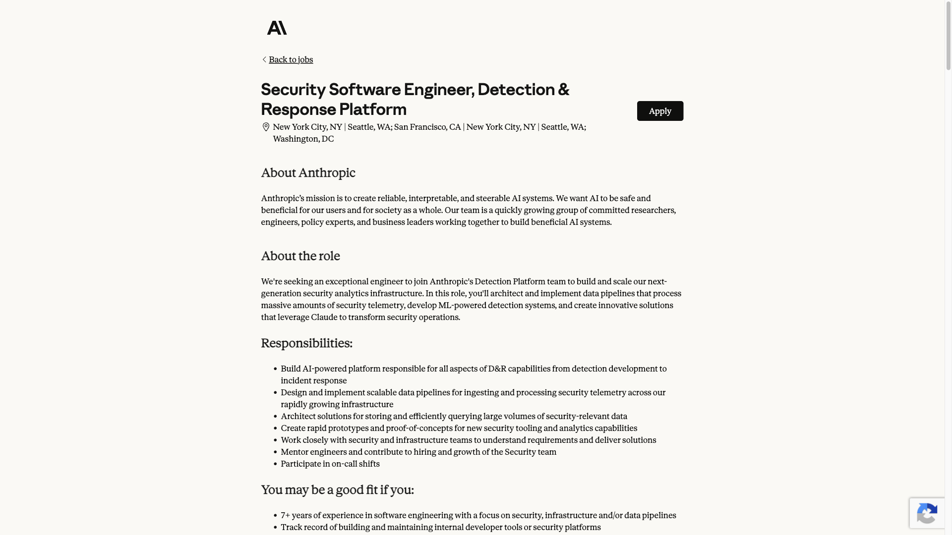 Screenshot of the Anthropic Security Software Engineer, Detection & Response Platform job posting, captured 2026-09-23