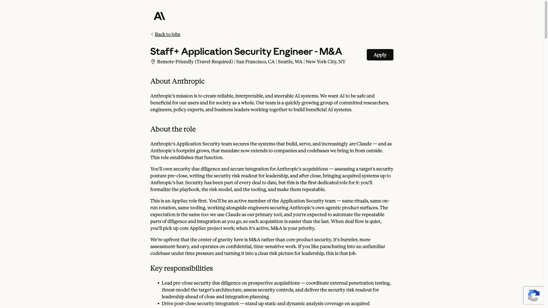 Screenshot of the Anthropic Staff+ Application Security Engineer - M&A job posting, captured 2026-09-23