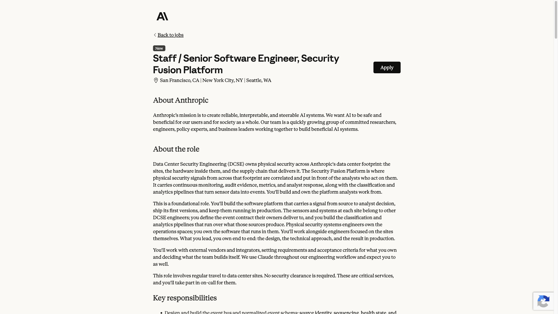 Screenshot of the Anthropic Staff / Senior Software Engineer, Security Fusion Platform job posting, captured 2026-09-29