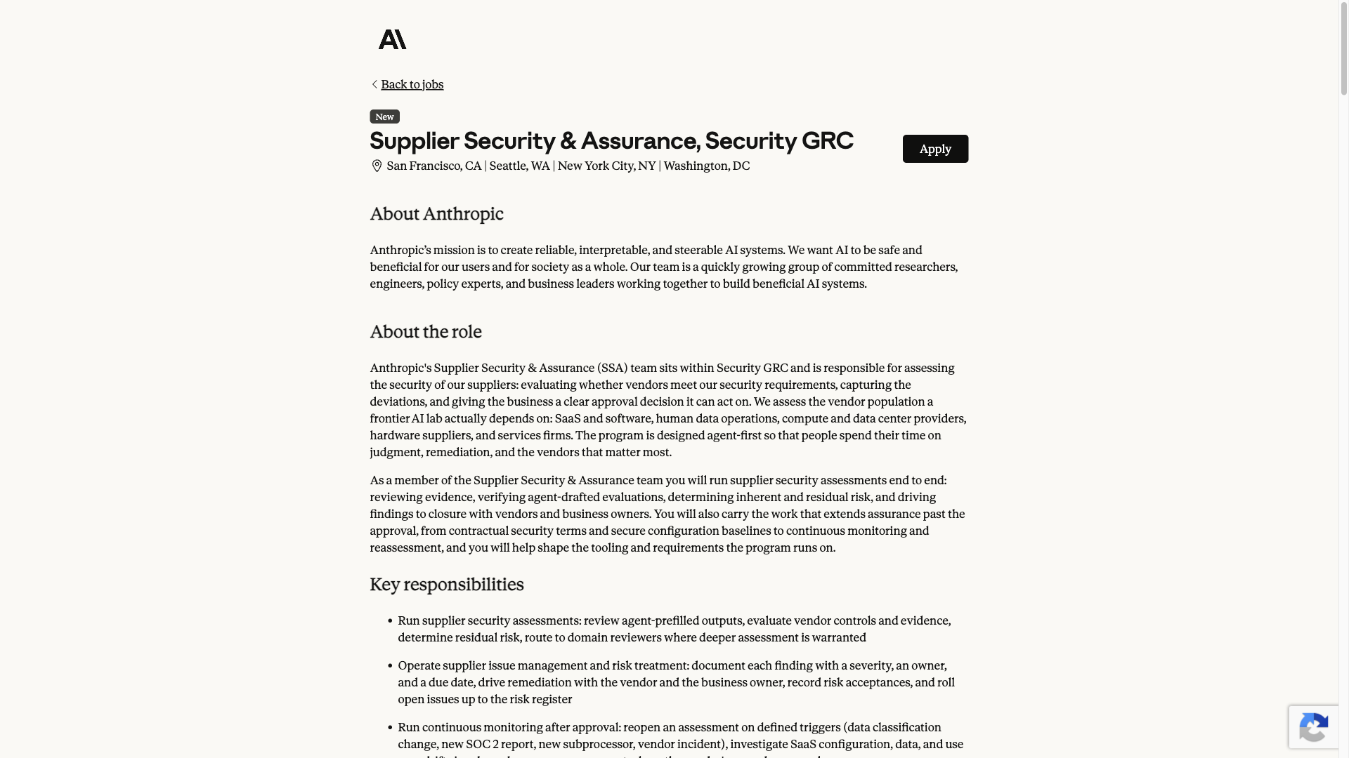 Screenshot of the Anthropic Supplier Security & Assurance, Security GRC job posting, captured 2026-09-23