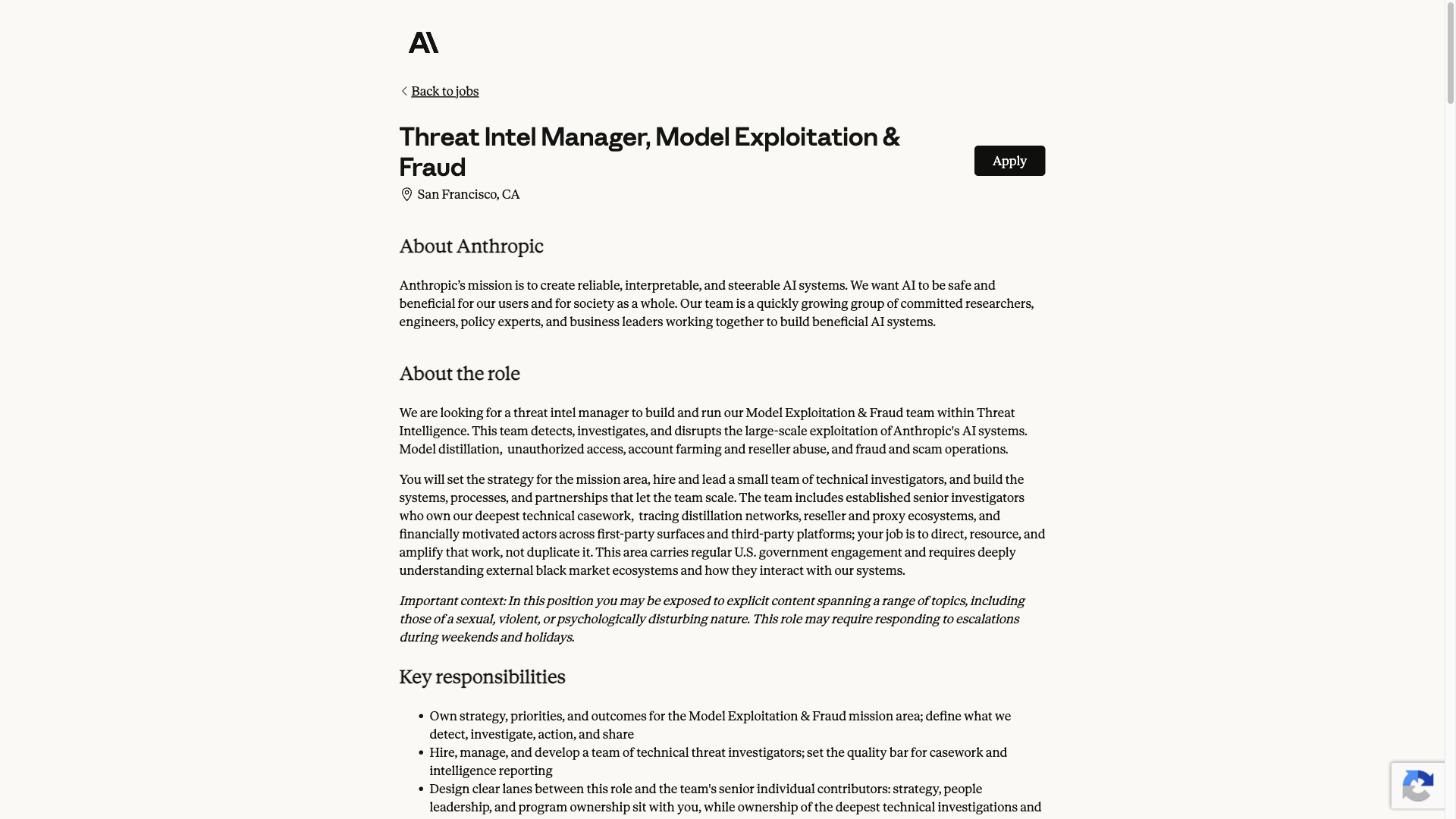 Screenshot of the Anthropic Threat Intel Manager, Model Exploitation & Fraud job posting, captured 2026-09-23