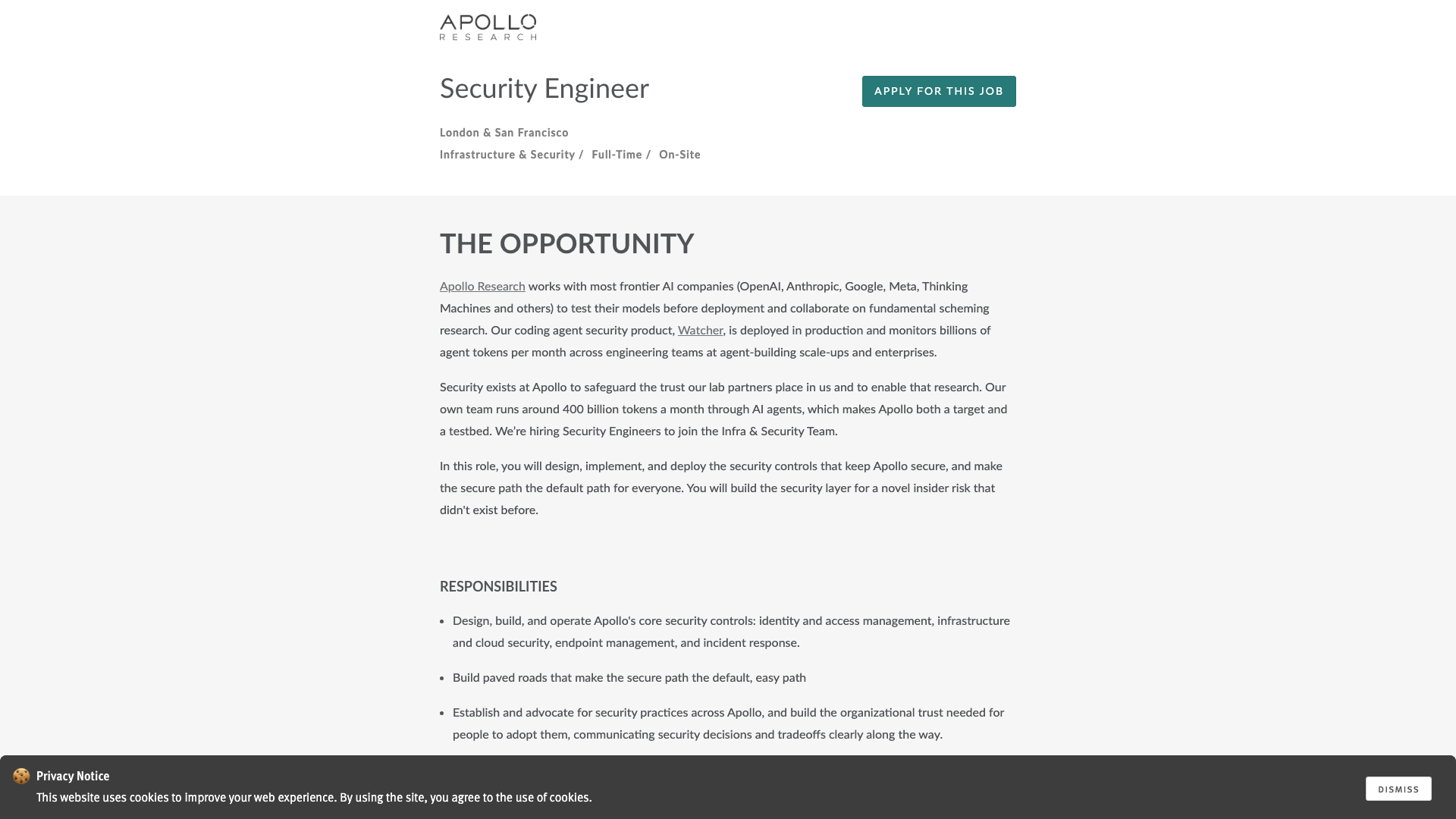 Screenshot of the Apollo Research Security Engineer job posting, captured 2026-09-05