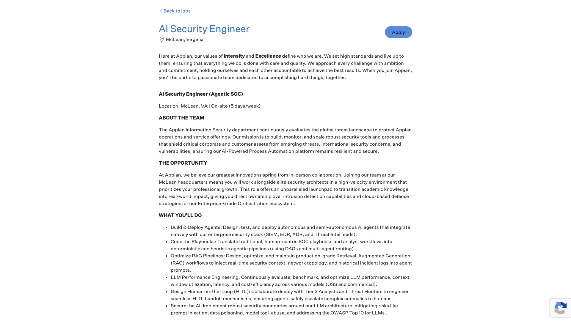 Screenshot of the Appian AI Security Engineer job posting, captured 2026-10-25