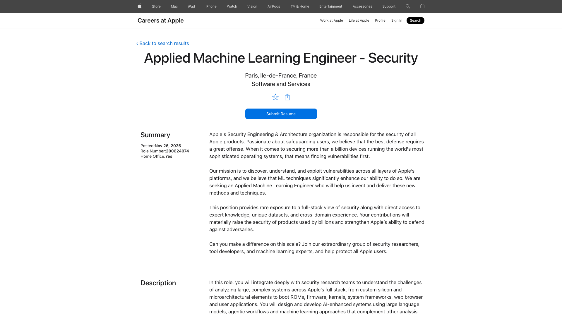 Screenshot of the Apple Applied Machine Learning Engineer - Security job posting, captured 2026-09-01