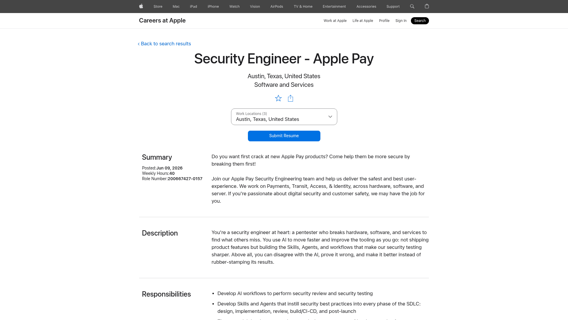Screenshot of the Apple Security Engineer - Apple Pay job posting, captured 2026-08-31