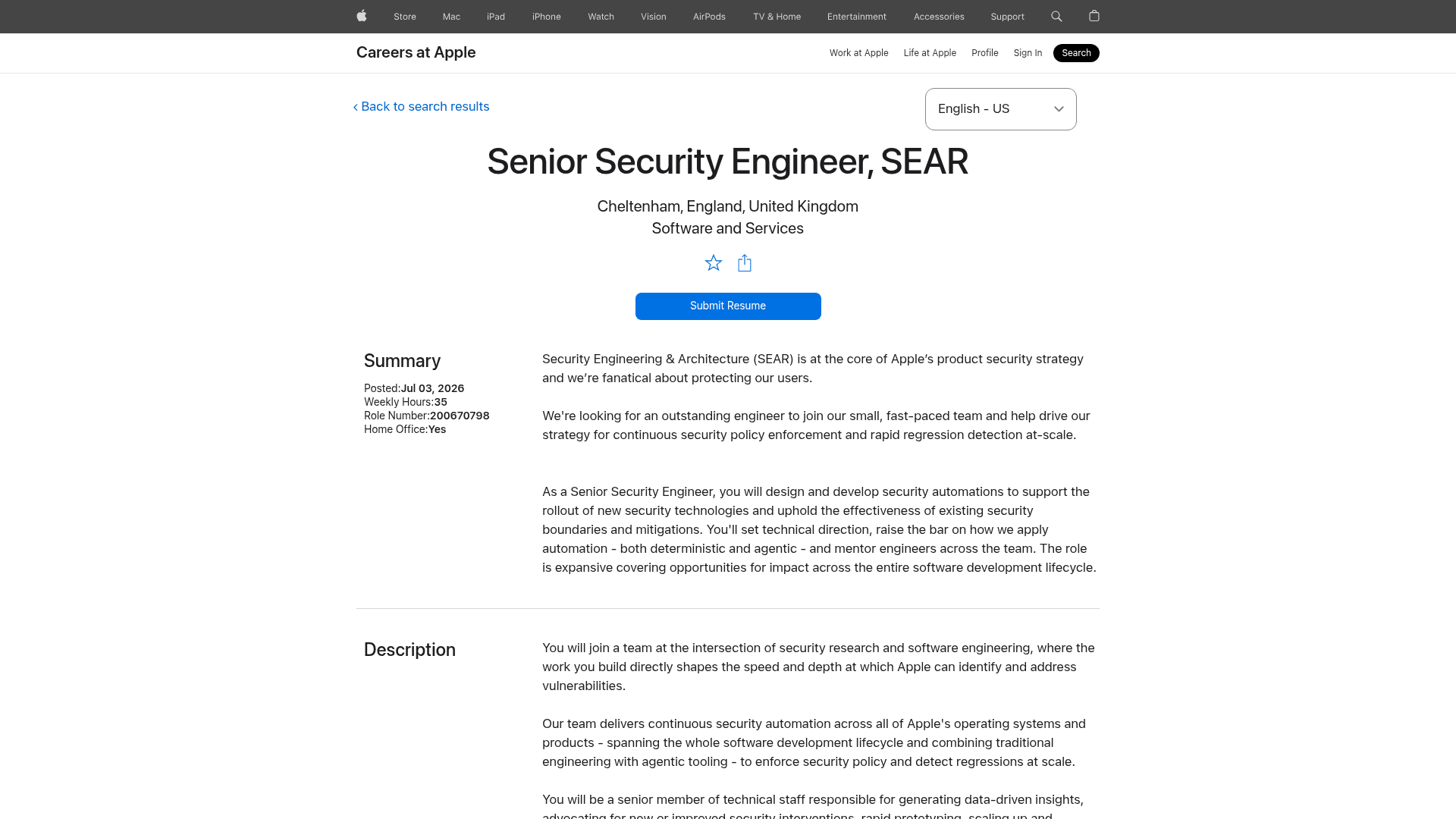 Screenshot of the Apple Senior Security Engineer, SEAR job posting, captured 2026-08-31