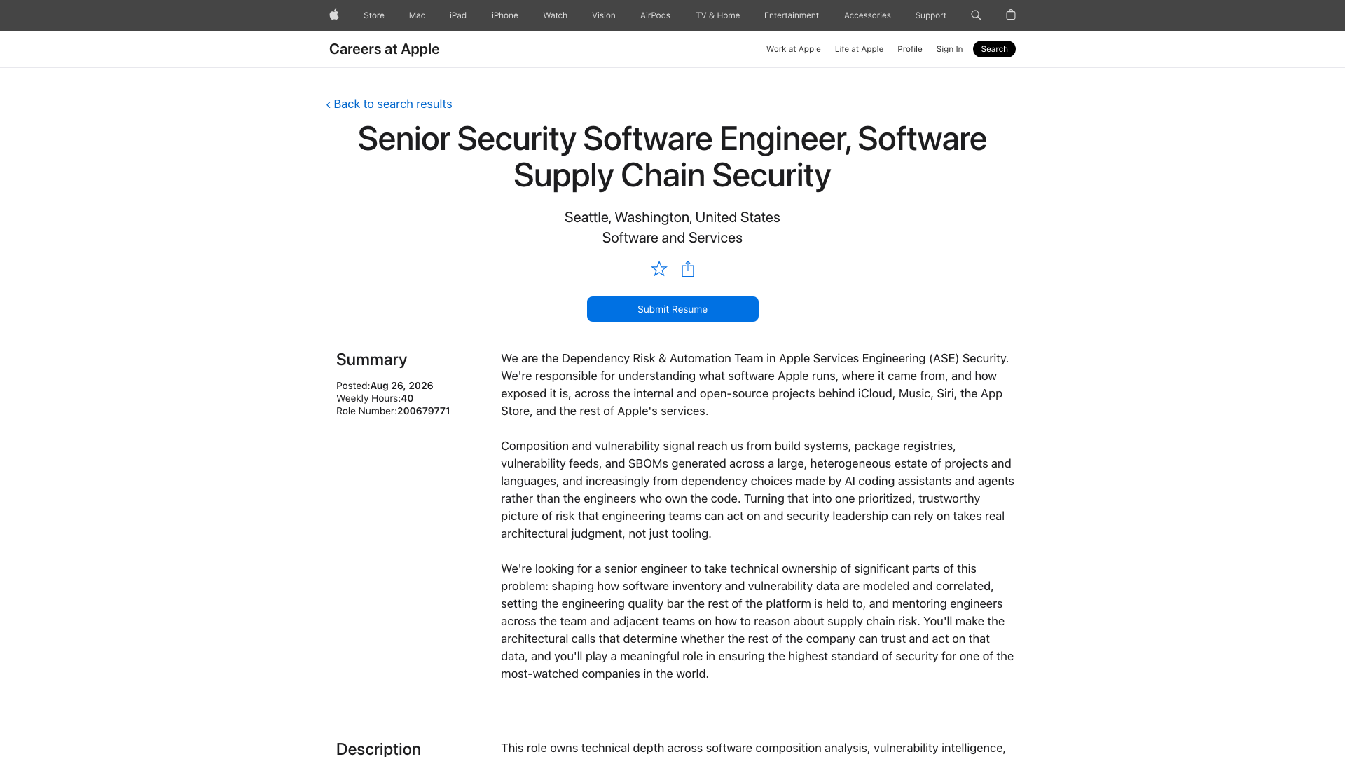Screenshot of the Apple Senior Security Software Engineer, Software Supply Chain Security job posting, captured 2026-09-01