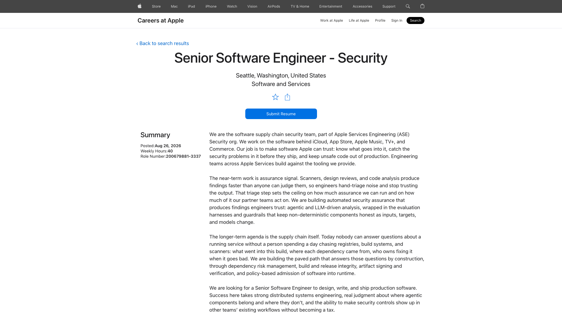 Screenshot of the Apple Senior Software Engineer - Security job posting, captured 2026-09-07