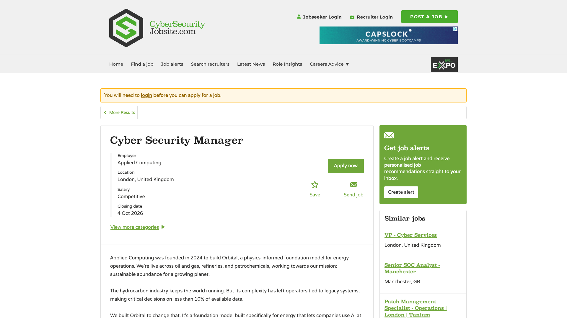 Screenshot of the Applied Computing Cyber Security Manager job posting, captured 2026-09-05