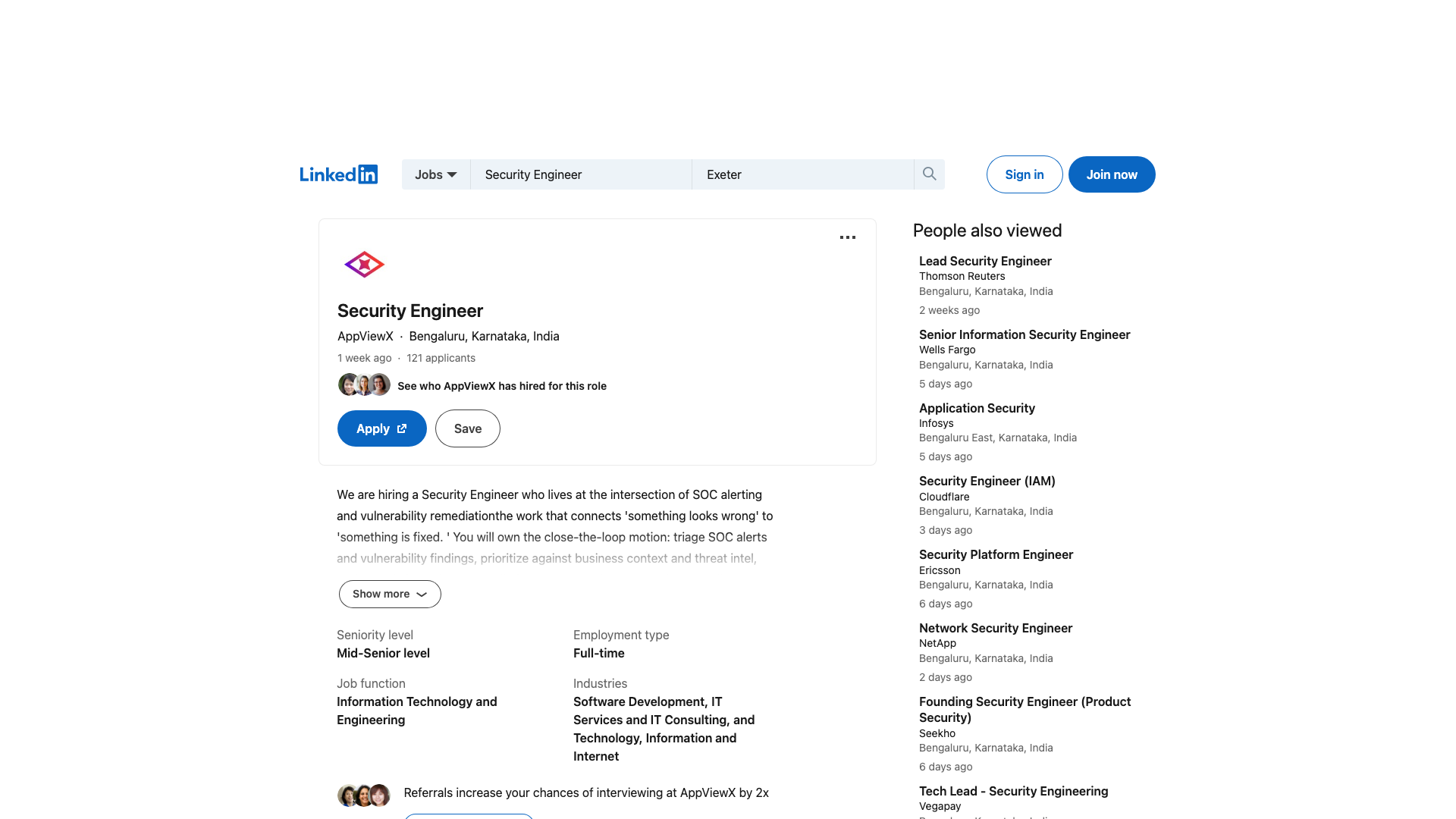 Screenshot of the AppViewX Security Engineer job posting, captured 2026-09-05