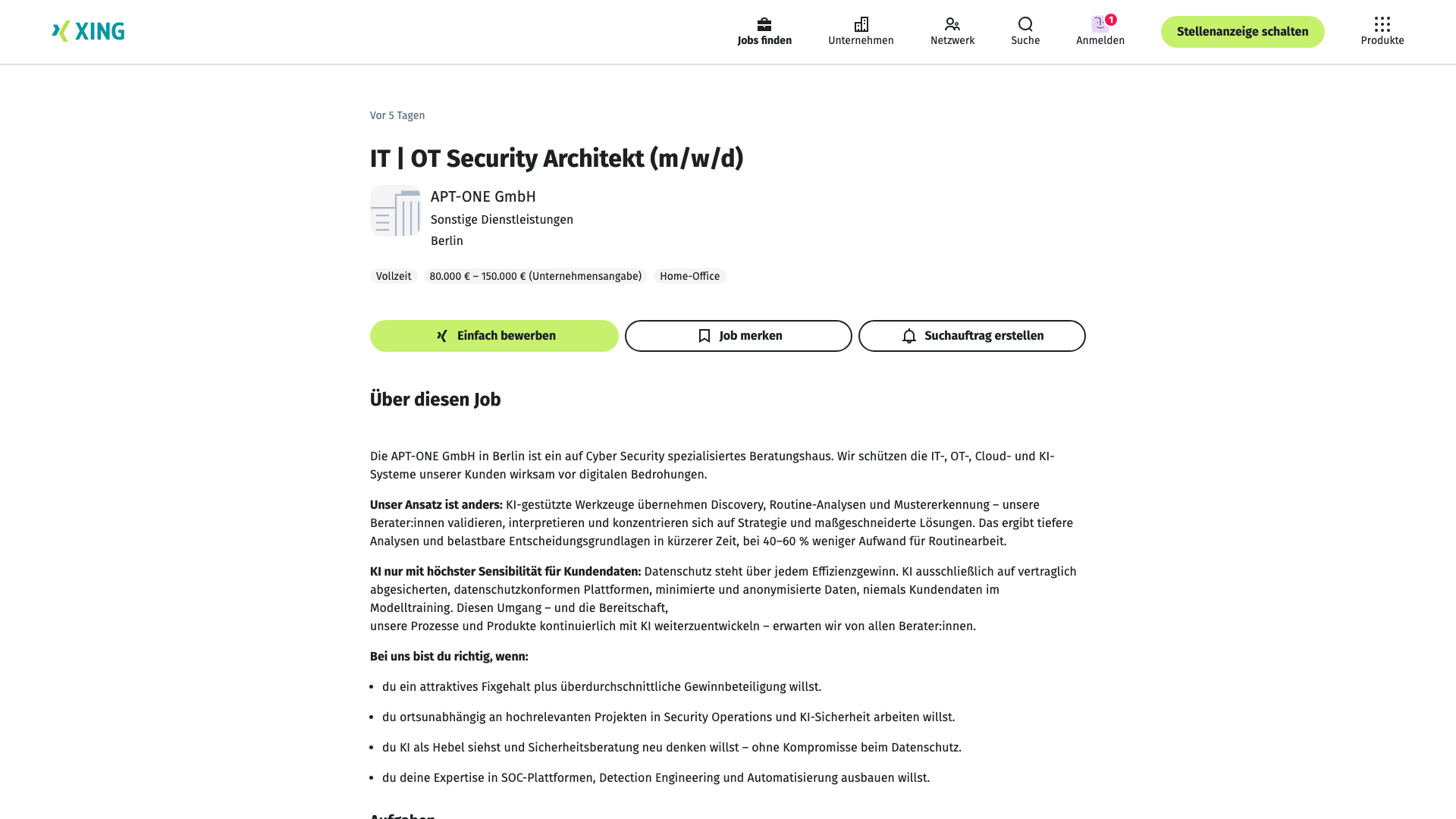 Screenshot of the APT-ONE IT | OT Security Architekt (m/w/d) job posting, captured 2026-09-05