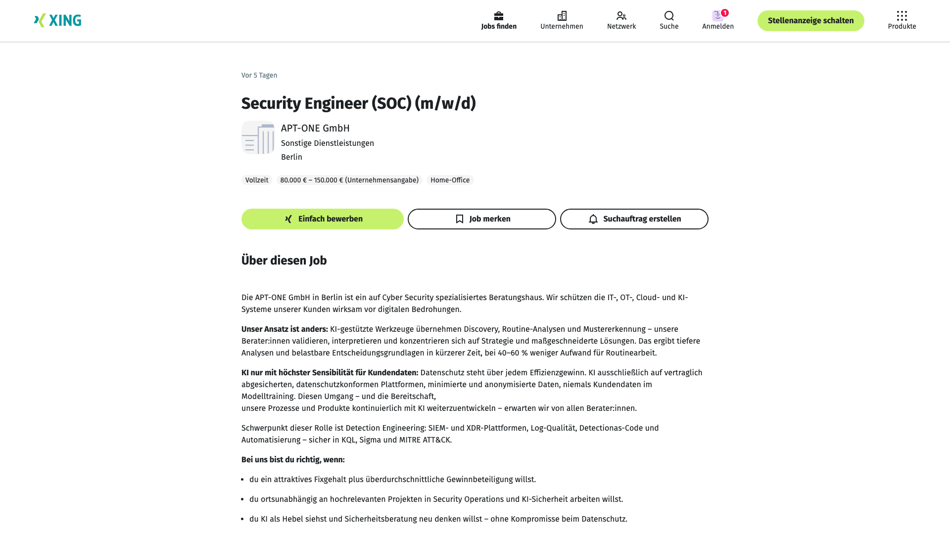 Screenshot of the APT-ONE Security Engineer (SOC) (m/w/d) job posting, captured 2026-09-05