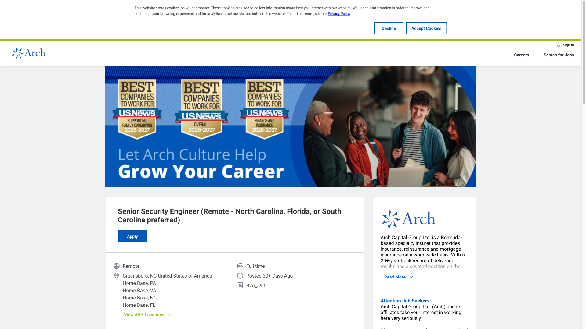 Screenshot of the Arch Capital Group Ltd. Senior Security Engineer (Remote - North Carolina, Florida, or South Carolina preferred) job posting, captured 2026-10-01