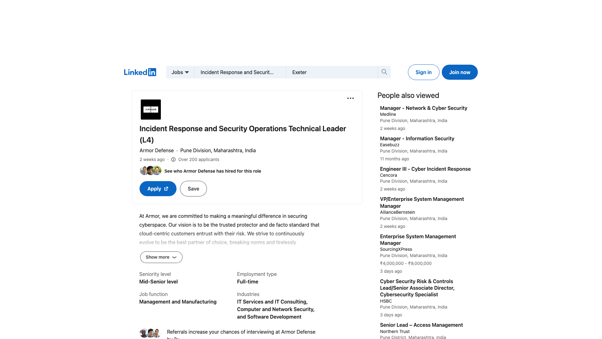 Screenshot of the Armor Defense Incident Response and Security Operations Technical Leader (L4) job posting, captured 2026-09-05
