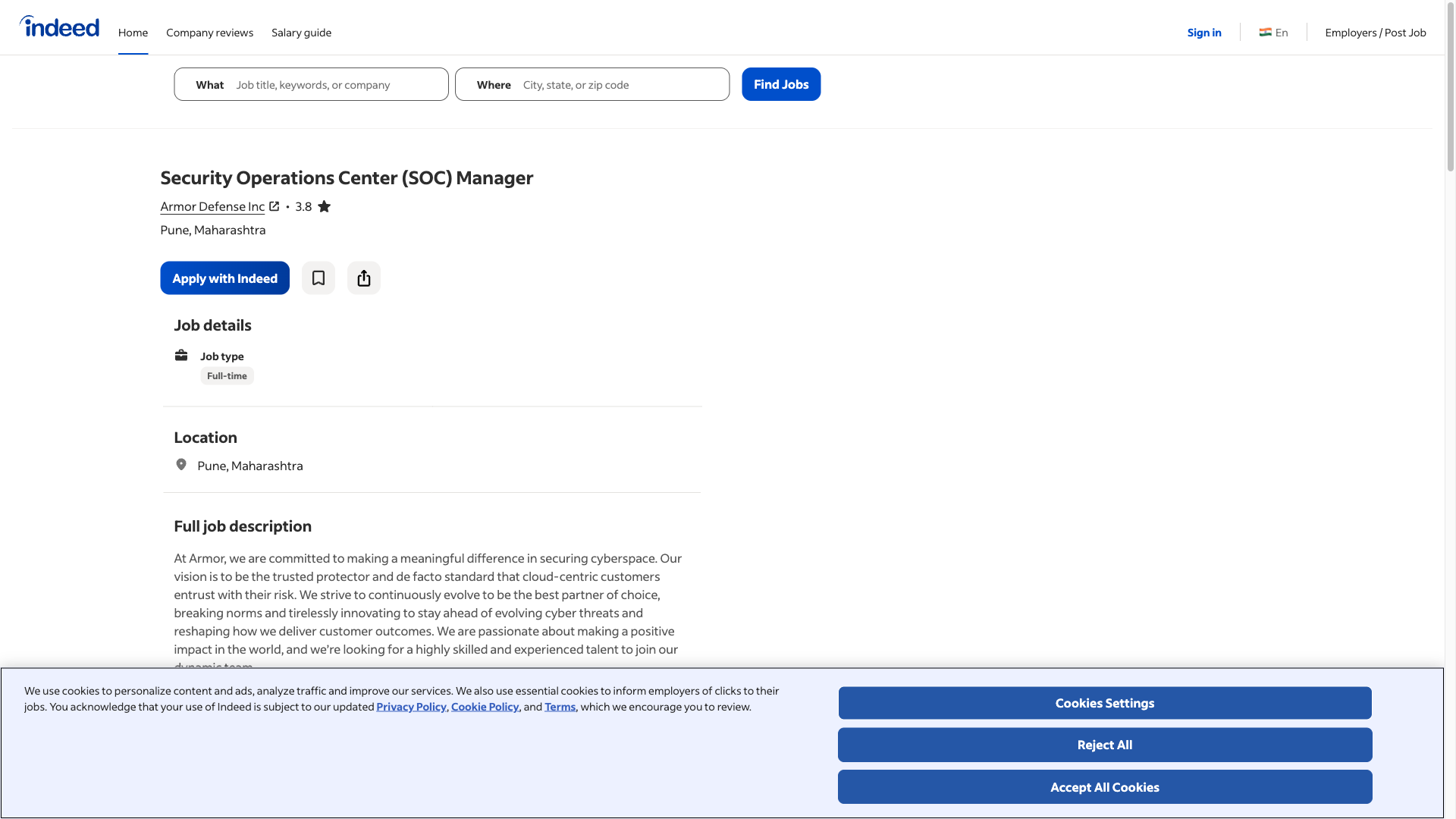 Screenshot of the Armor Defense Security Operations Center (SOC) Manager job posting, captured 2026-09-05