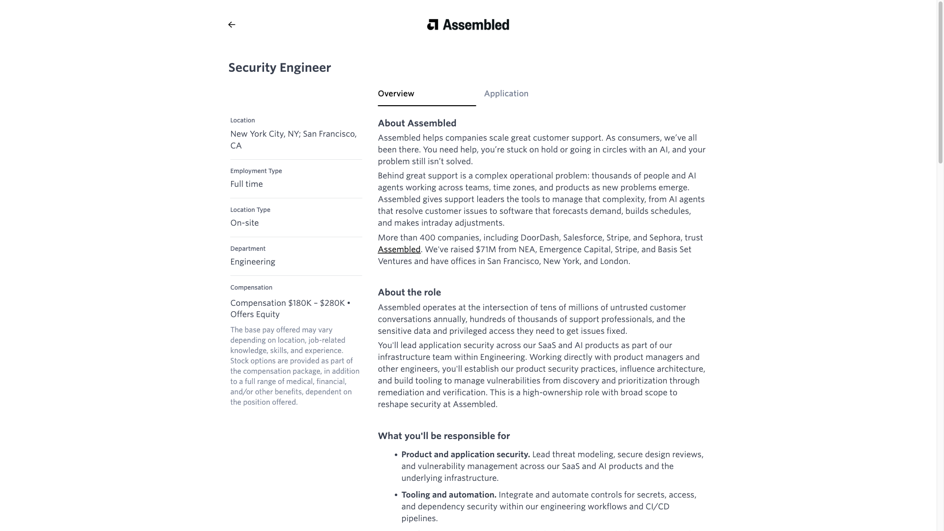 Screenshot of the Assembled Security Engineer job posting, captured 2026-09-23