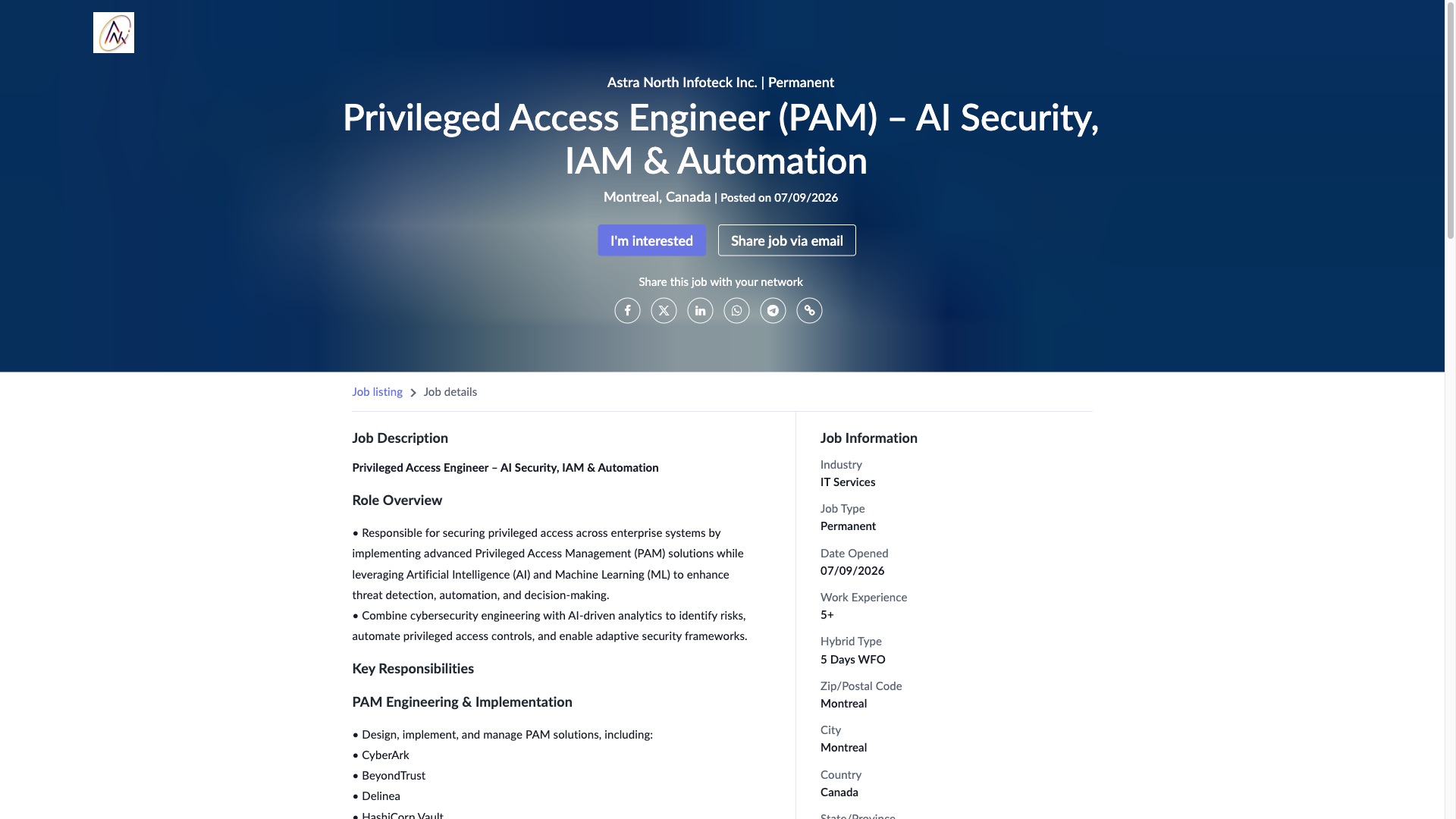 Screenshot of the Astra-North Infoteck Privileged Access Engineer (PAM) – AI Security, IAM & Automation job posting, captured 2026-09-05