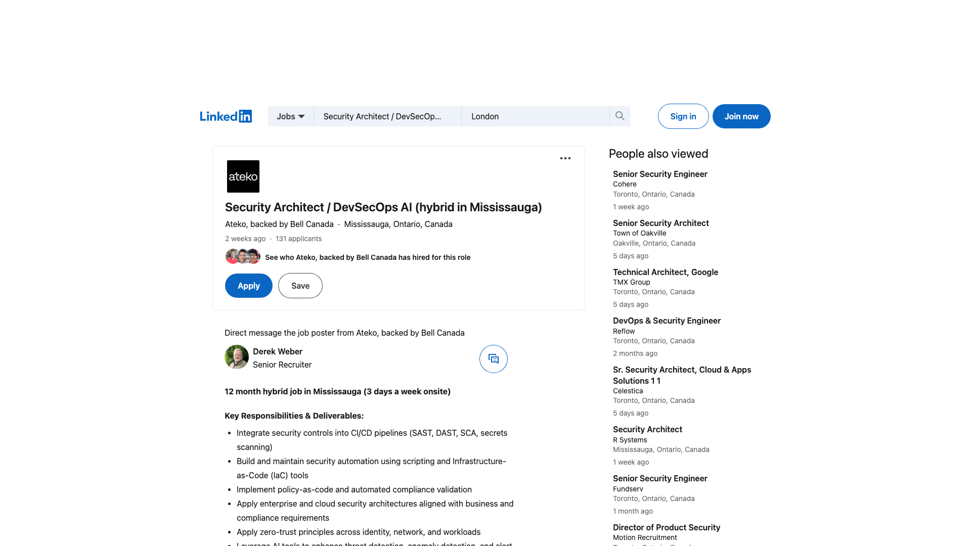 Screenshot of the Ateko Security Architect / DevSecOps AI job posting, captured 2026-09-05