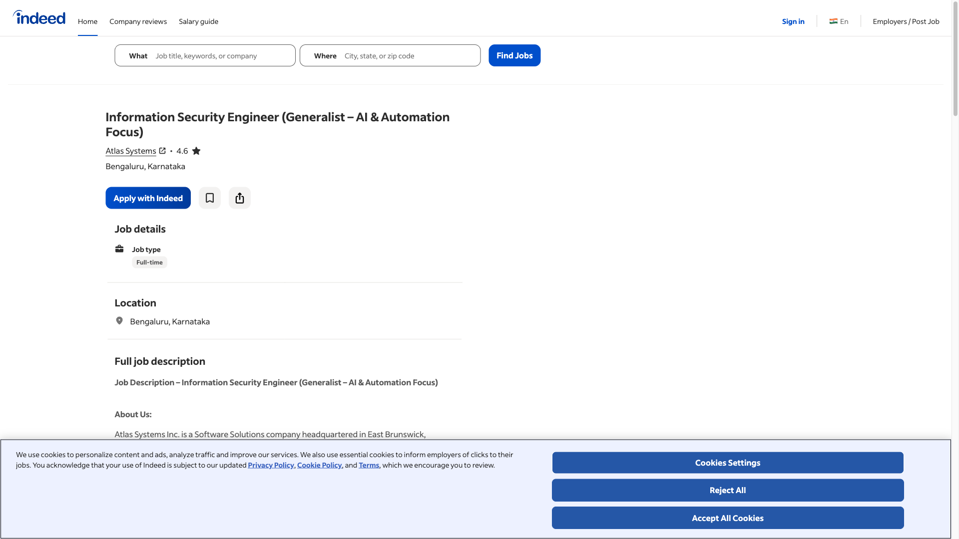 Screenshot of the Atlas Systems Information Security Engineer (Generalist - AI & Automation Focus) job posting, captured 2026-09-05