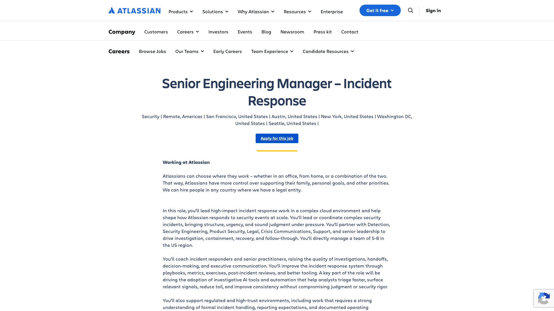 Screenshot of the Atlassian Senior Engineering Manager – Incident Response job posting, captured 2026-09-05
