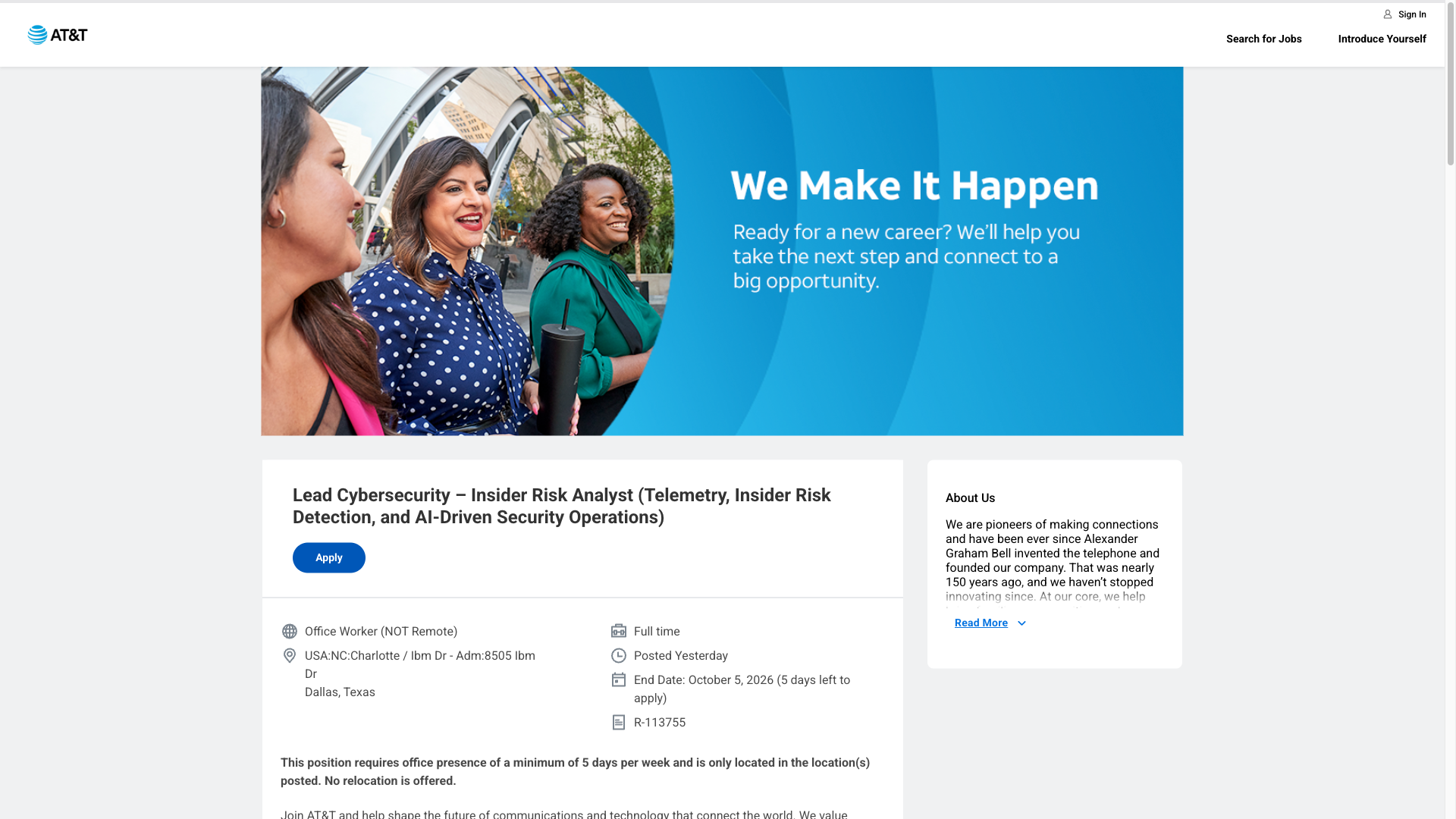 Screenshot of the AT&T Lead Cybersecurity – Insider Risk Analyst (Telemetry, Insider Risk Detection, and AI-Driven Security Operations) job posting, captured 2026-09-29