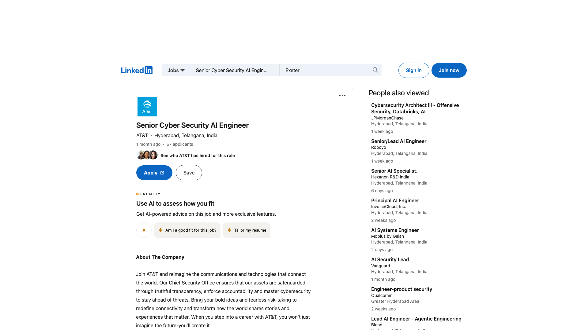 Screenshot of the AT&T Senior Cyber Security AI Engineer job posting, captured 2026-09-05
