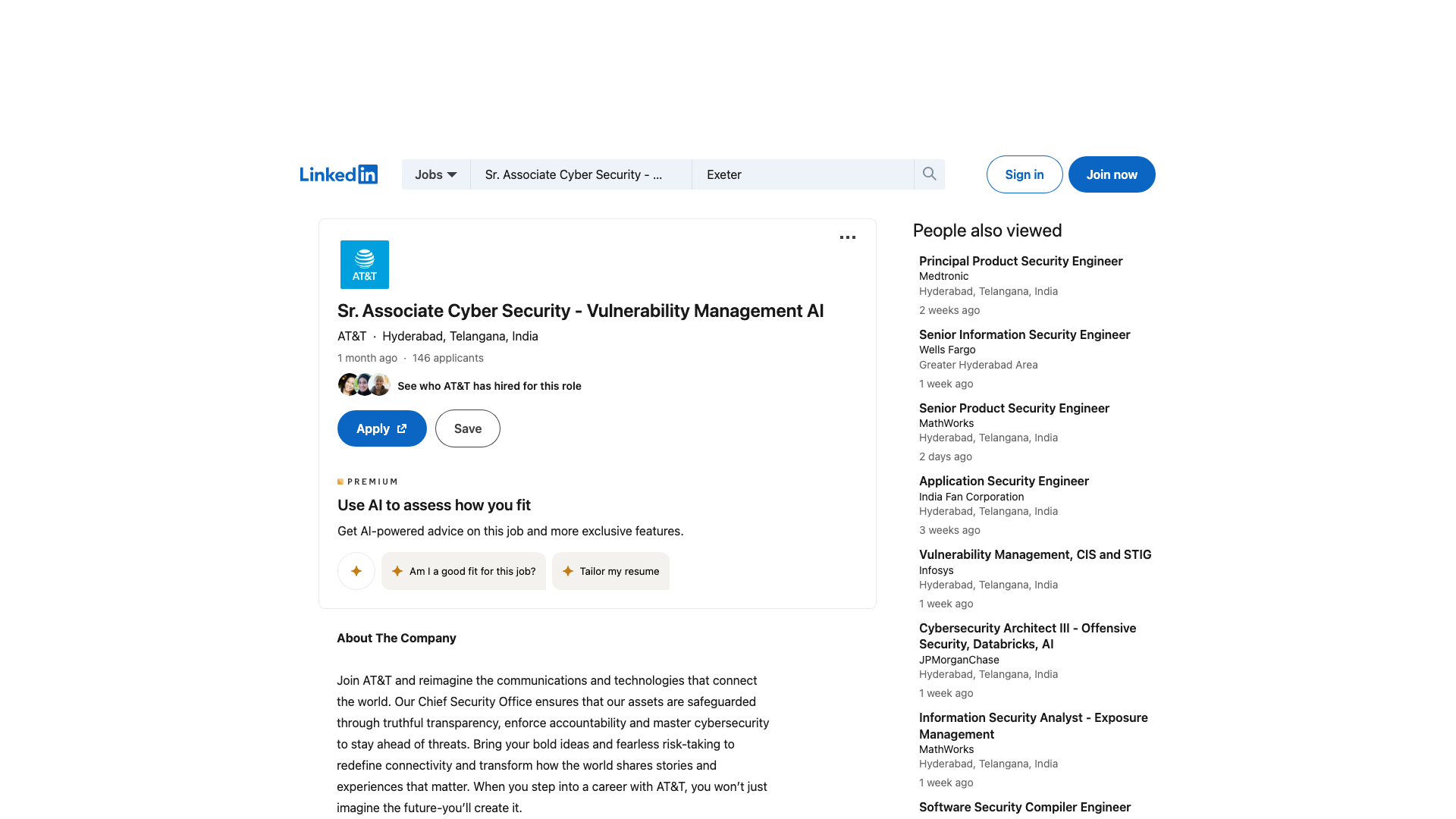 Screenshot of the AT&T Sr. Associate Cyber Security - Vulnerability Management AI job posting, captured 2026-09-05